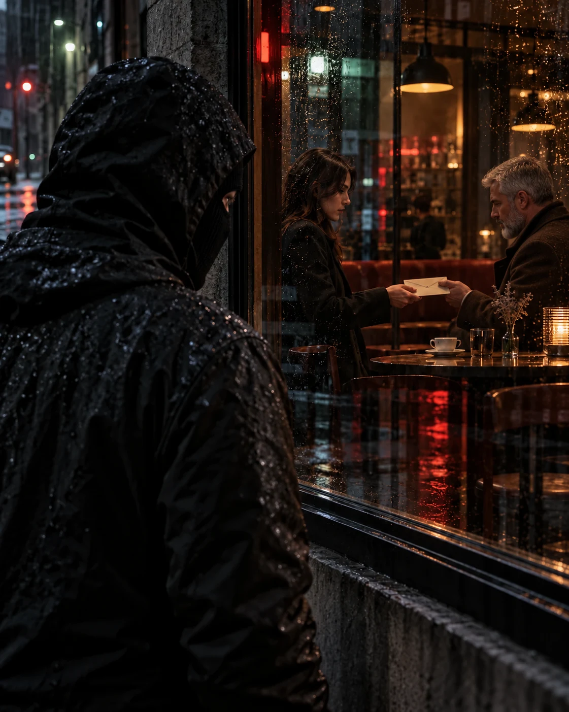 AKTE 005: Mann mit schwarzer Kapuze und Maske beobachtet ein geheimes Treffen durch eine regennasse Scheibe.
