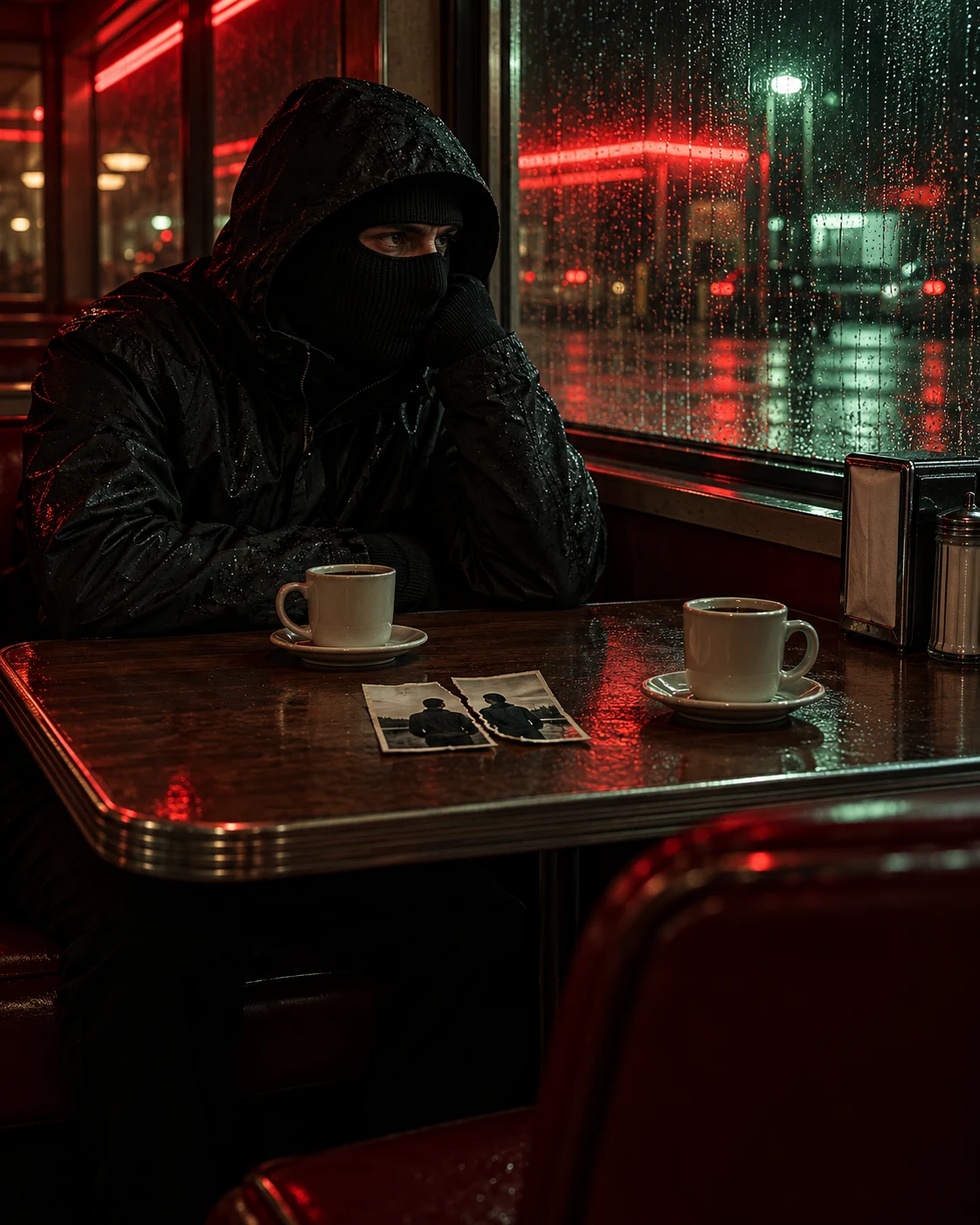 AKTE 006: Mann mit schwarzer Kapuze und Maske allein an einem Tisch mit zwei Kaffeetassen.
