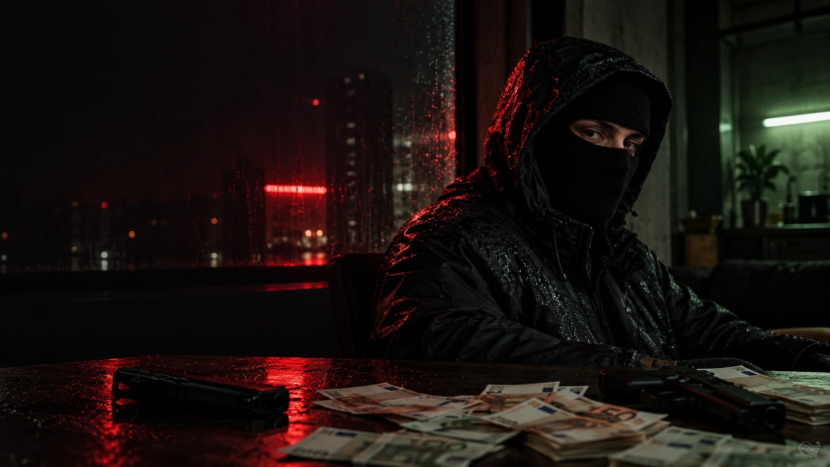 Fiktive Noir-Szene: maskierter Mann mit schwarzer Kapuze, Euro-Requisiten und Filmwaffen im roten Nachtlicht.