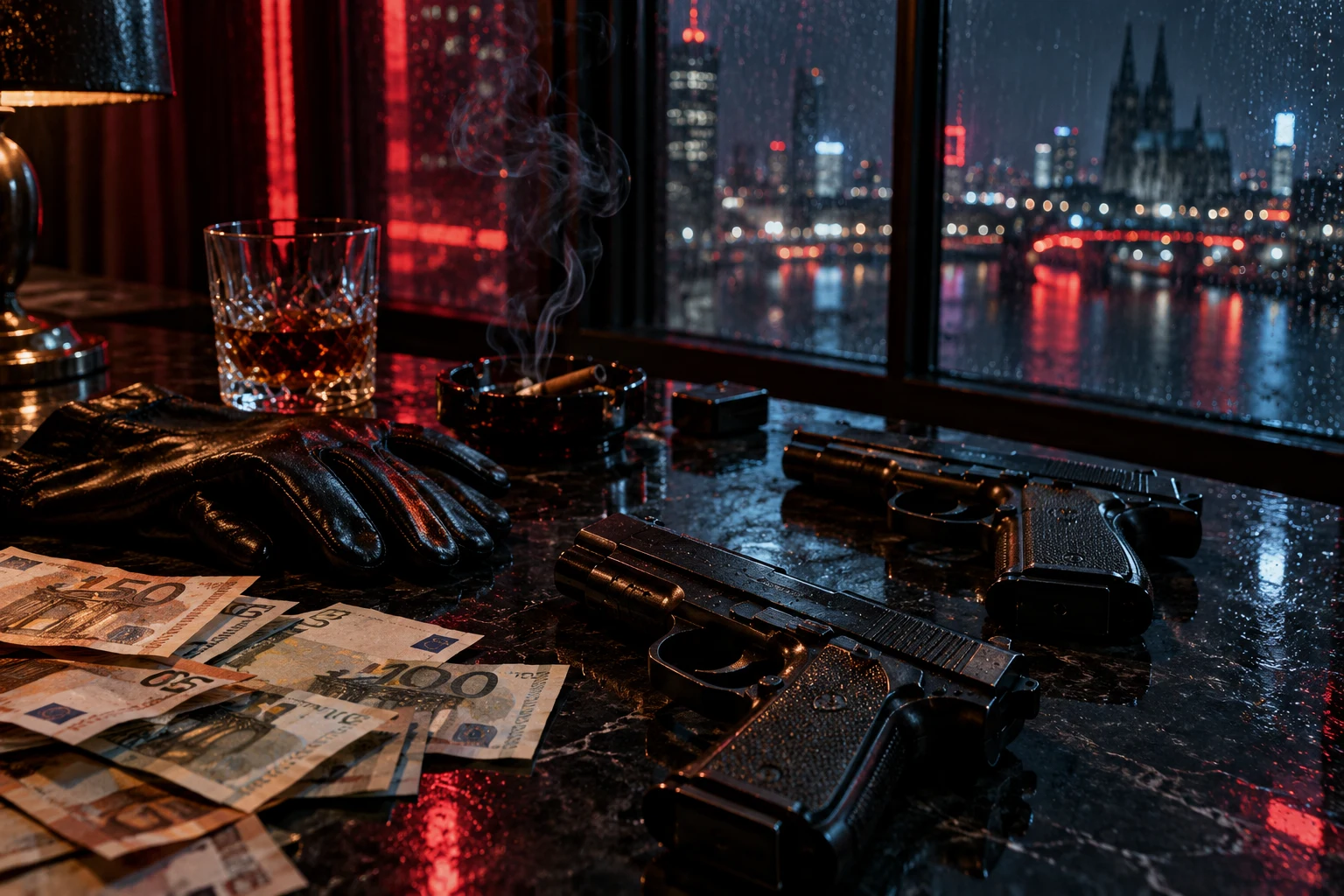 Spuren der Nacht: Filmwaffen und Euro-Requisiten im Neonlicht.